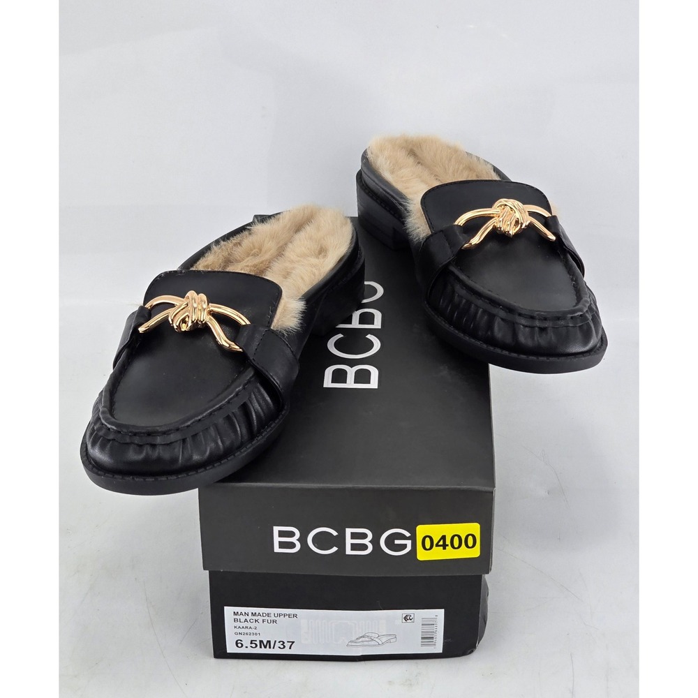 BCBG Kaara-2 Mules Women 6.5 Black Faux Fur Gold Hardware - New